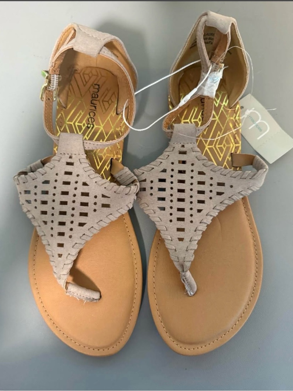 Maurices Taupe Laser-Cut T-Strap Sandals NWT